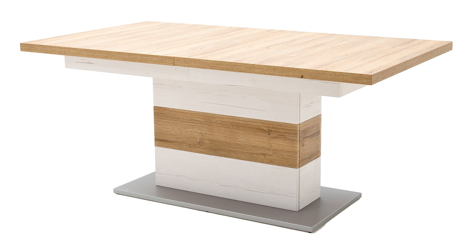 Moderner Esstisch mit rechteckiger Tischplatte in heller Holzoptik, mittigem Säulenfuß in Weiß und Holzdekor sowie Metallbodenplatte, freigestellt in schräger Frontansicht