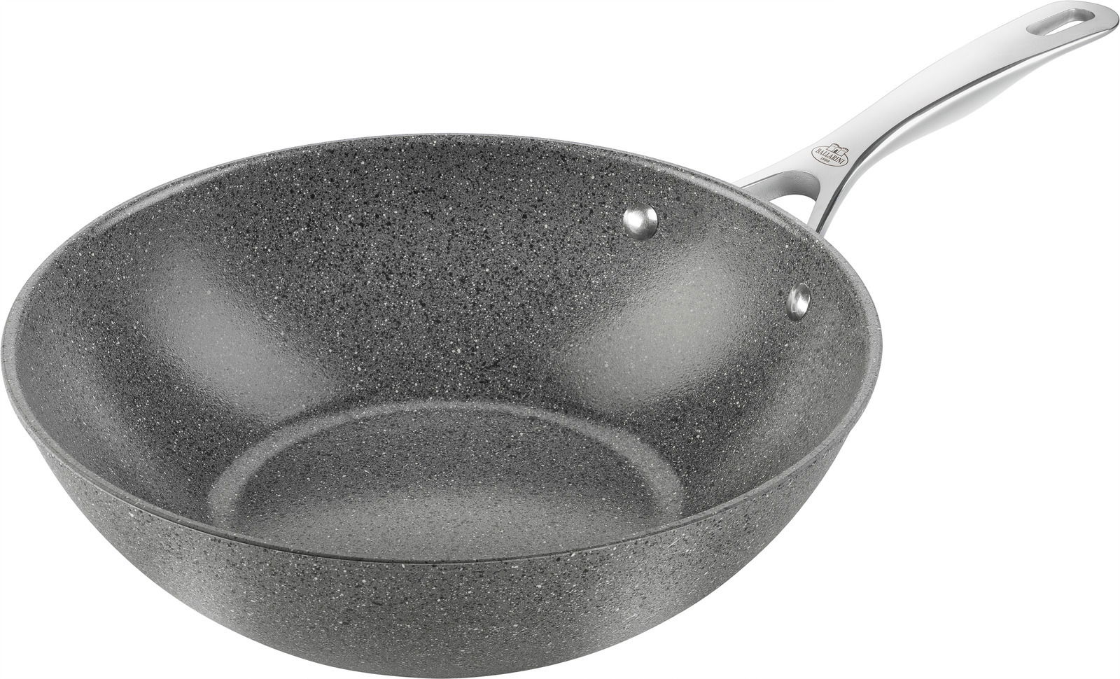 Grauer Wok mit 30 cm Durchmesser, seitliche Perspektive, mit silbernem Griff.
