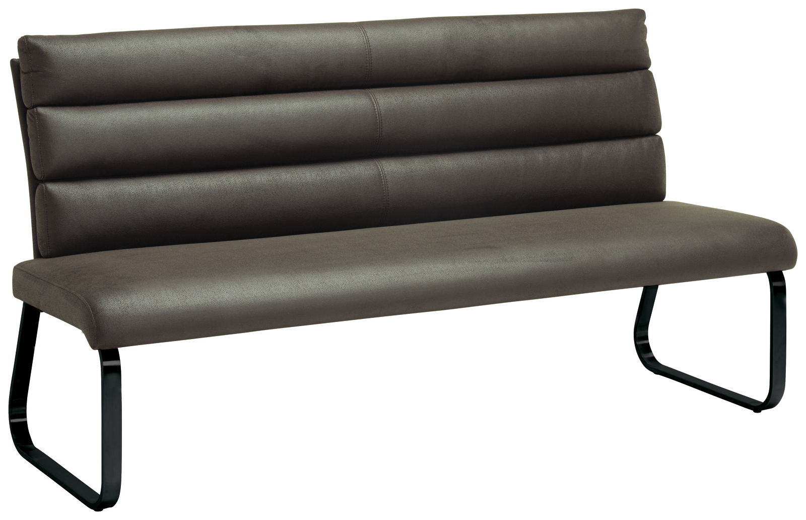 Novel Bank OSTIA Moderne braune Bank mit gepolsterter Rückenlehne und schwarzem Metallgestell, seitliche Perspektive
