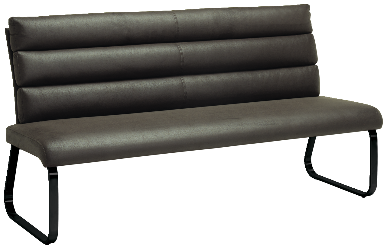 Moderne braune Bank mit gepolsterter Rückenlehne und schwarzem Metallgestell, seitliche Perspektive