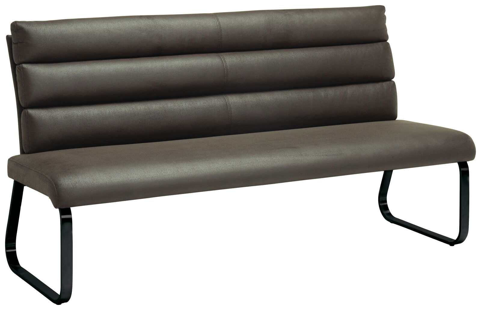 Moderne braune Bank mit gepolsterter Rückenlehne und schwarzem Metallgestell, seitliche Perspektive
