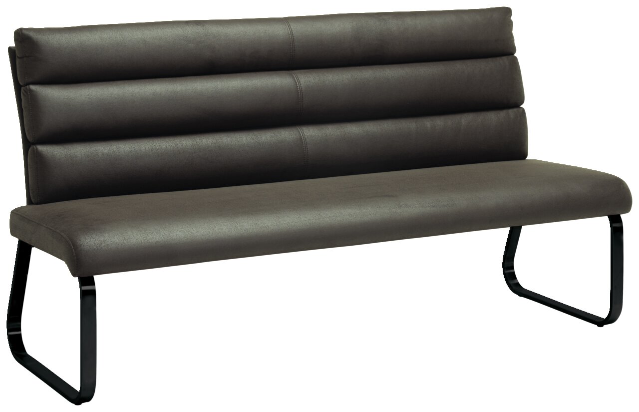 Moderne braune Bank mit gepolsterter Rückenlehne und schwarzem Metallgestell, seitliche Perspektive