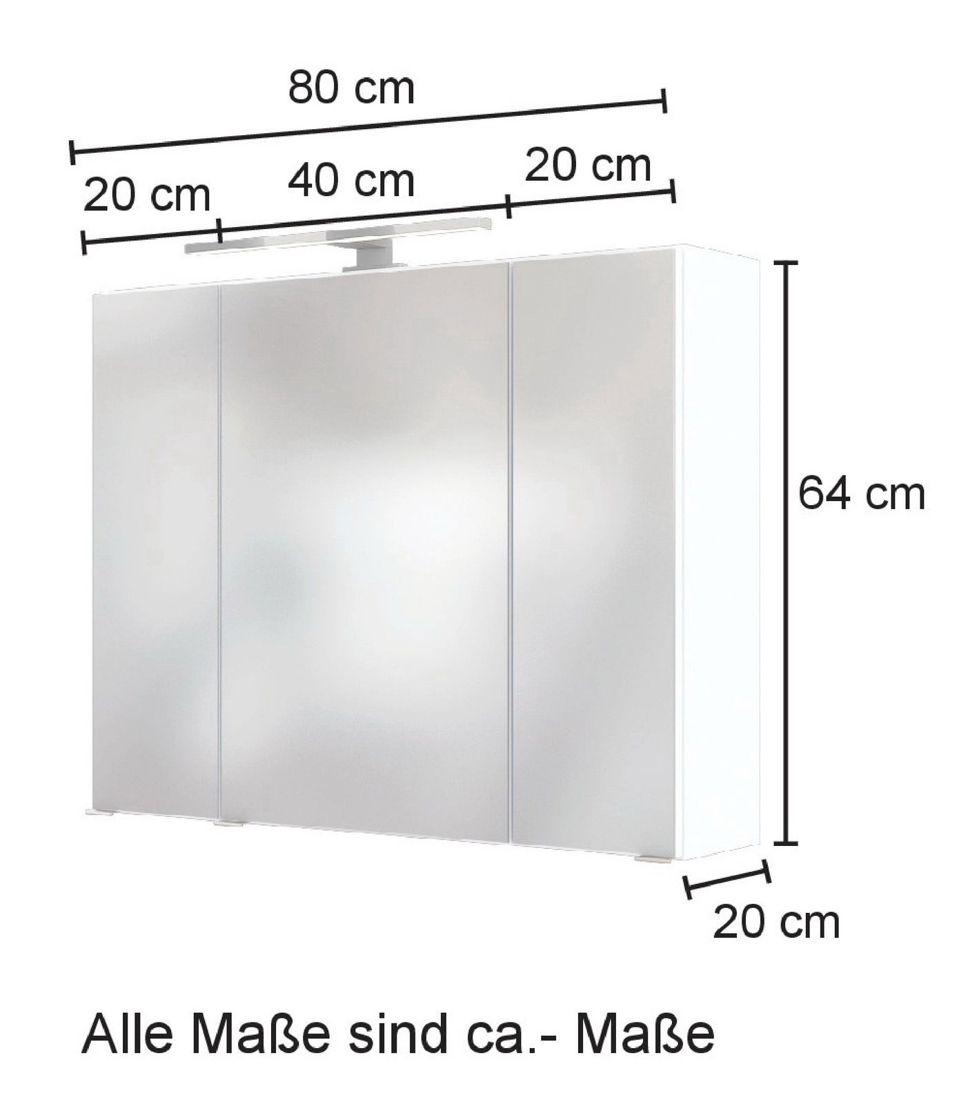 Spiegelschrank mit drei Türen und integrierter Beleuchtung, Frontansicht, Maße: 80 cm Breite, 64 cm Höhe, 20 cm Tiefe.