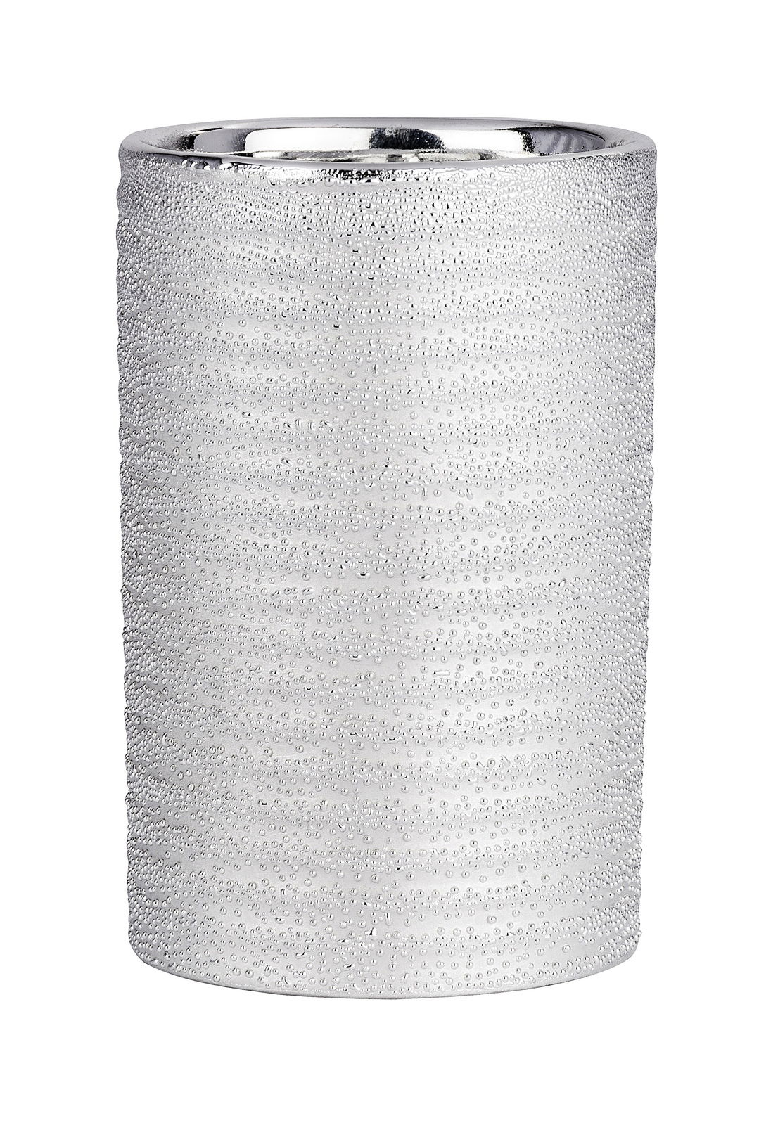 Keramik Zahnputzbecher mit strukturierter Oberfläche in Silberoptik, seitliche Perspektive