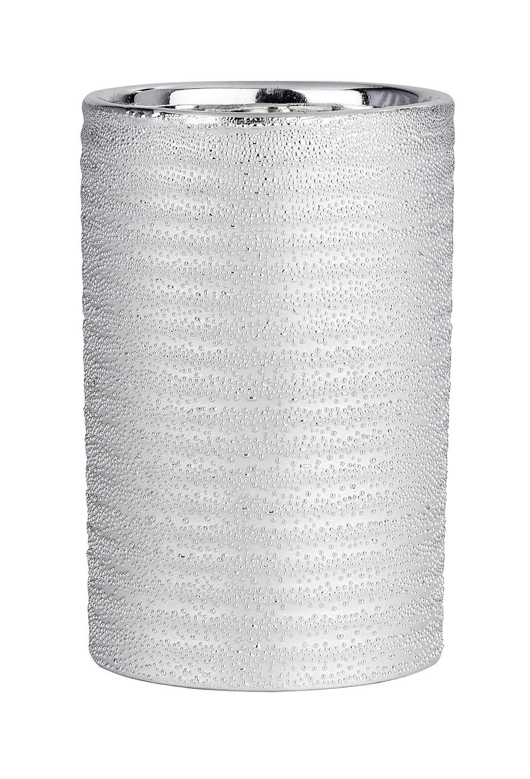 Keramik Zahnputzbecher mit strukturierter Oberfläche in Silberoptik, seitliche Perspektive