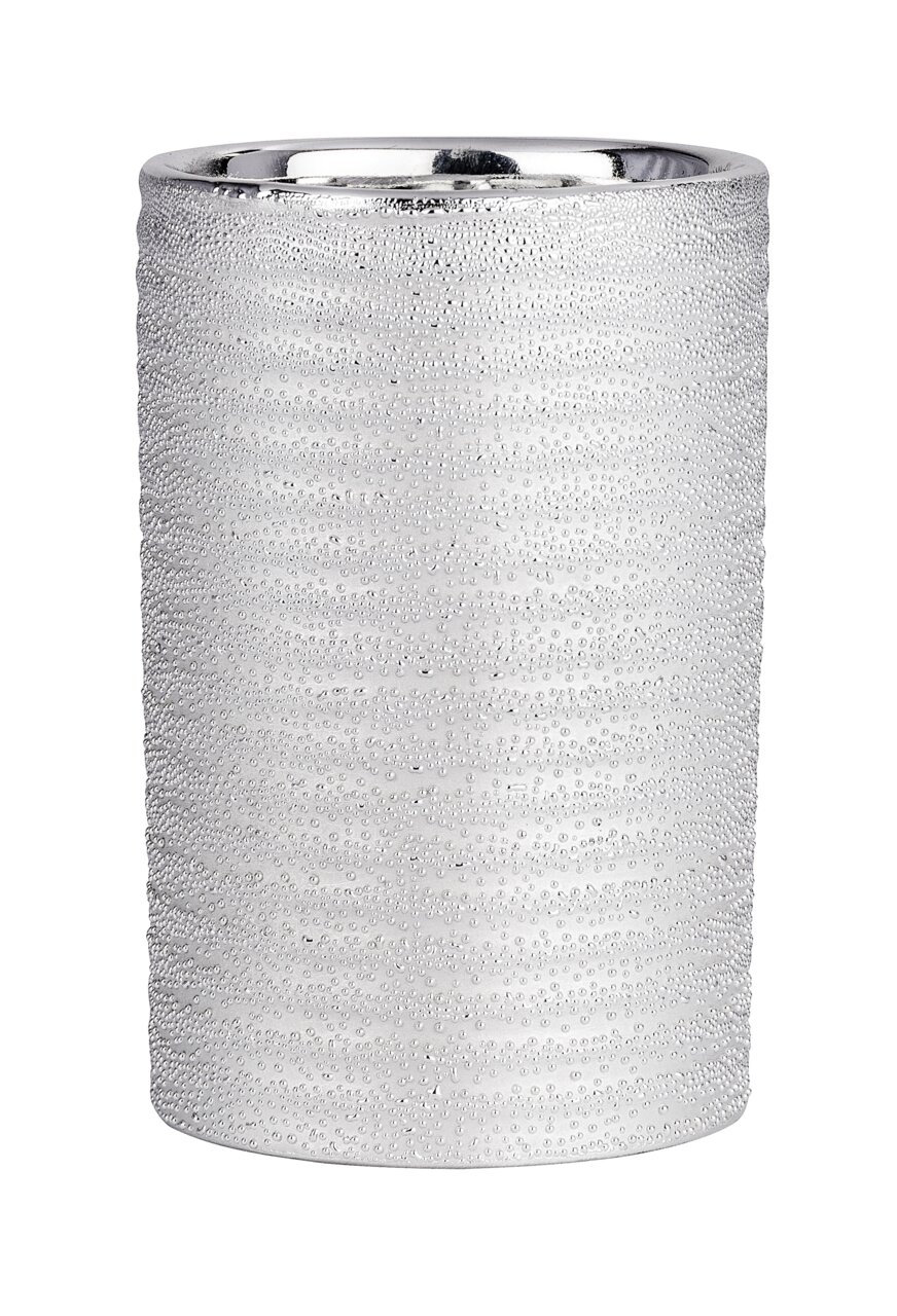 Keramik Zahnputzbecher mit strukturierter Oberfläche in Silberoptik, seitliche Perspektive