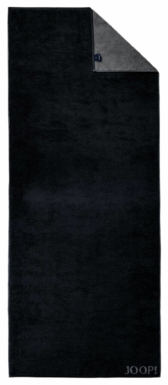 Schwarzes Saunatuch mit grauer Rückseite und eingesticktem JOOP!-Logo in der unteren rechten Ecke, Draufsicht