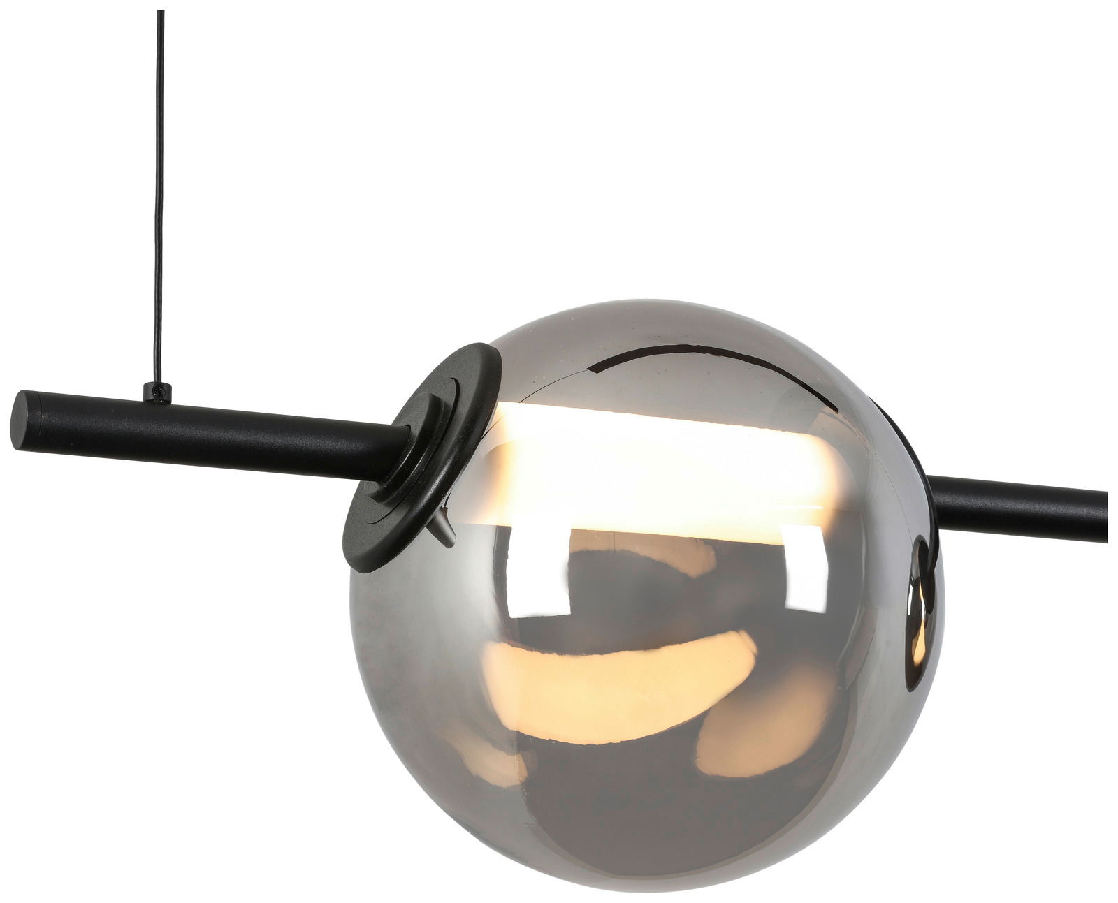 Moderne LED-Hängeleuchte SECCO mit kugelförmigem, verspiegeltem Schirm, seitliche Perspektive