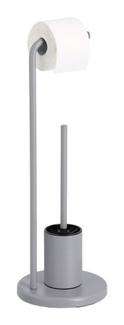 Graue WC-Garnitur mit Toilettenpapierhalter und Bürstenhalter, seitliche Perspektive