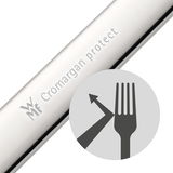 Nahaufnahme eines Besteckteils mit der Gravur 'Cromargan protect' und einem Symbol, das die Kratzfestigkeit darstellt.
