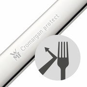 Close-up van een bestekdeel met de gravure 'Cromargan protect' en een symbool dat de krasbestendigheid aangeeft.