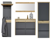 Frontansicht eines modernen Flurmöbel-Sets in Anthrazit und Eicheoptik mit Garderobenpaneel samt Ablage und Haken, Spiegel, Kommode mit Schubladen und Türen sowie hohem Schuhschrank