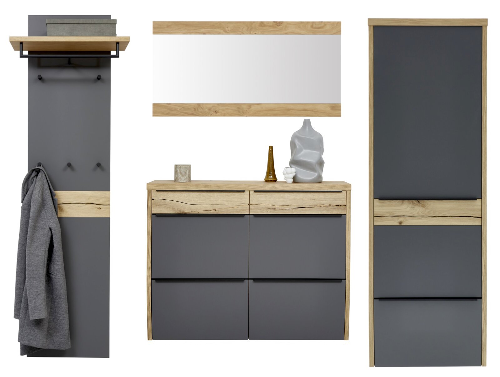 Dieter Knoll Garderoben-Set 4-tlg. ARCO TREND Frontansicht eines modernen Flurmöbel-Sets in Anthrazit und Eicheoptik mit Garderobenpaneel samt Ablage und Haken, Spiegel, Kommode mit Schubladen und Türen sowie hohem Schuhschrank
