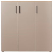 Breiter Schuhschrank mit drei Türen und schwarzen Griffen, Frontalansicht