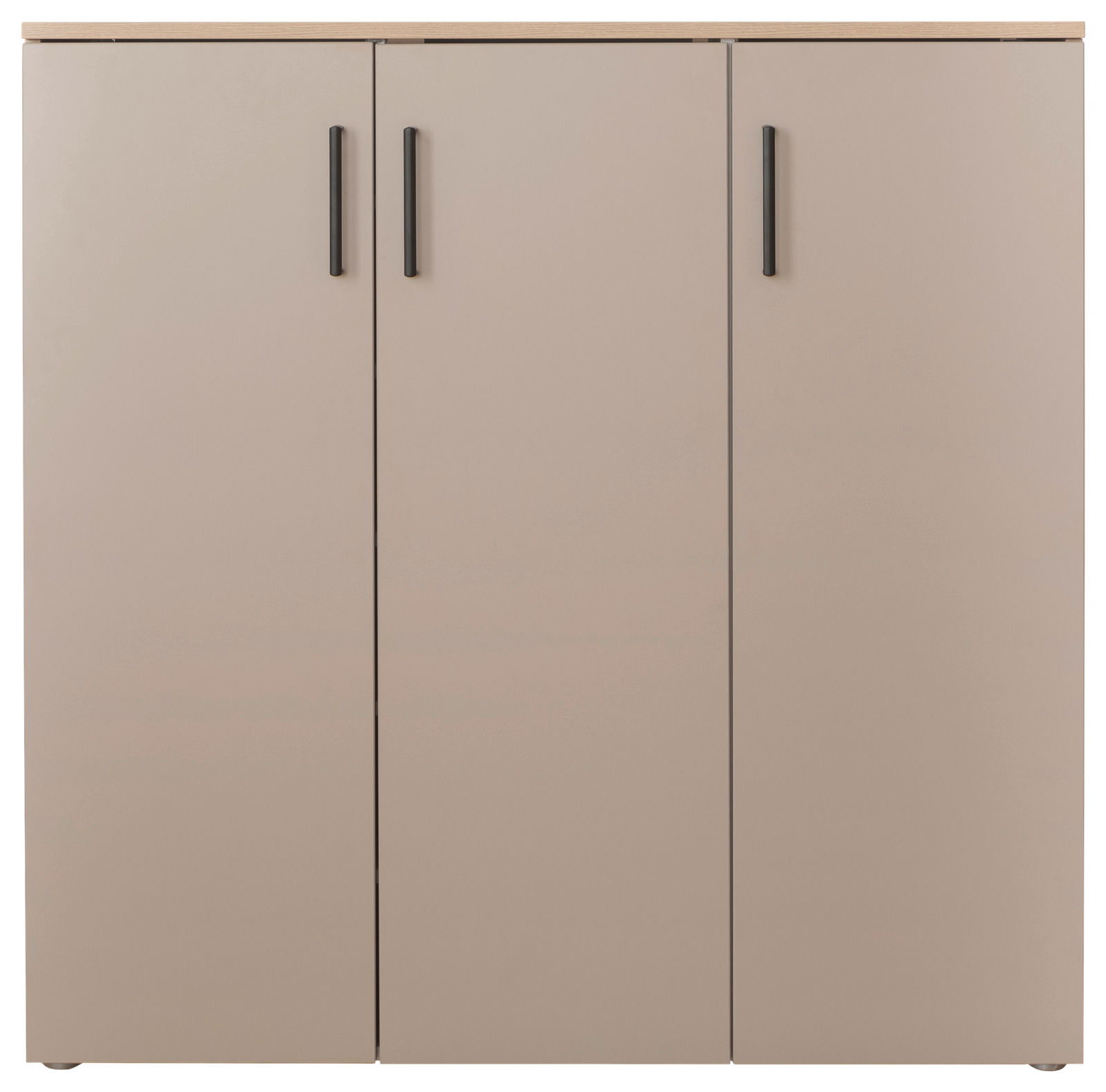 Breiter Schuhschrank mit drei Türen und schwarzen Griffen, Frontalansicht