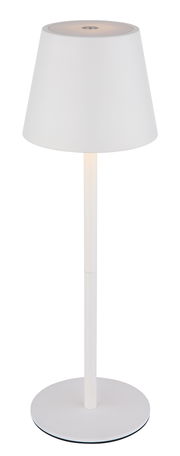 Weiße Akku-Tischleuchte VANNIE 3 in seitlicher Ansicht mit rundem Lampenschirm und schlankem Standfuß.