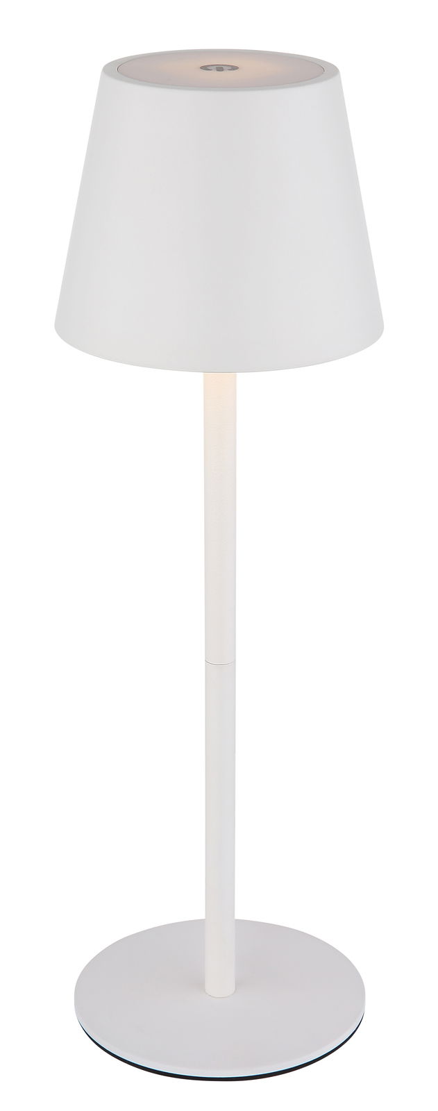 Weiße Akku-Tischleuchte VANNIE 3 in seitlicher Ansicht mit rundem Lampenschirm und schlankem Standfuß.