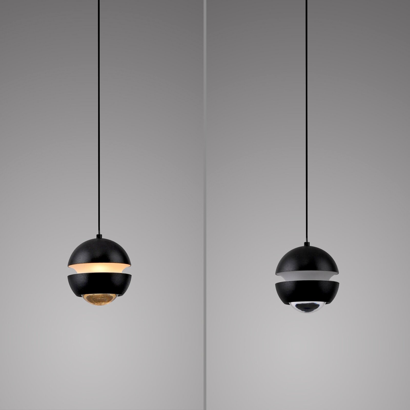 Schwarze, kugelförmige Pendelleuchte im modernen Design mit zwei Halbschalen und mittlerem Diffusor, freigestellt vor grauem Hintergrund, Ansicht von vorne