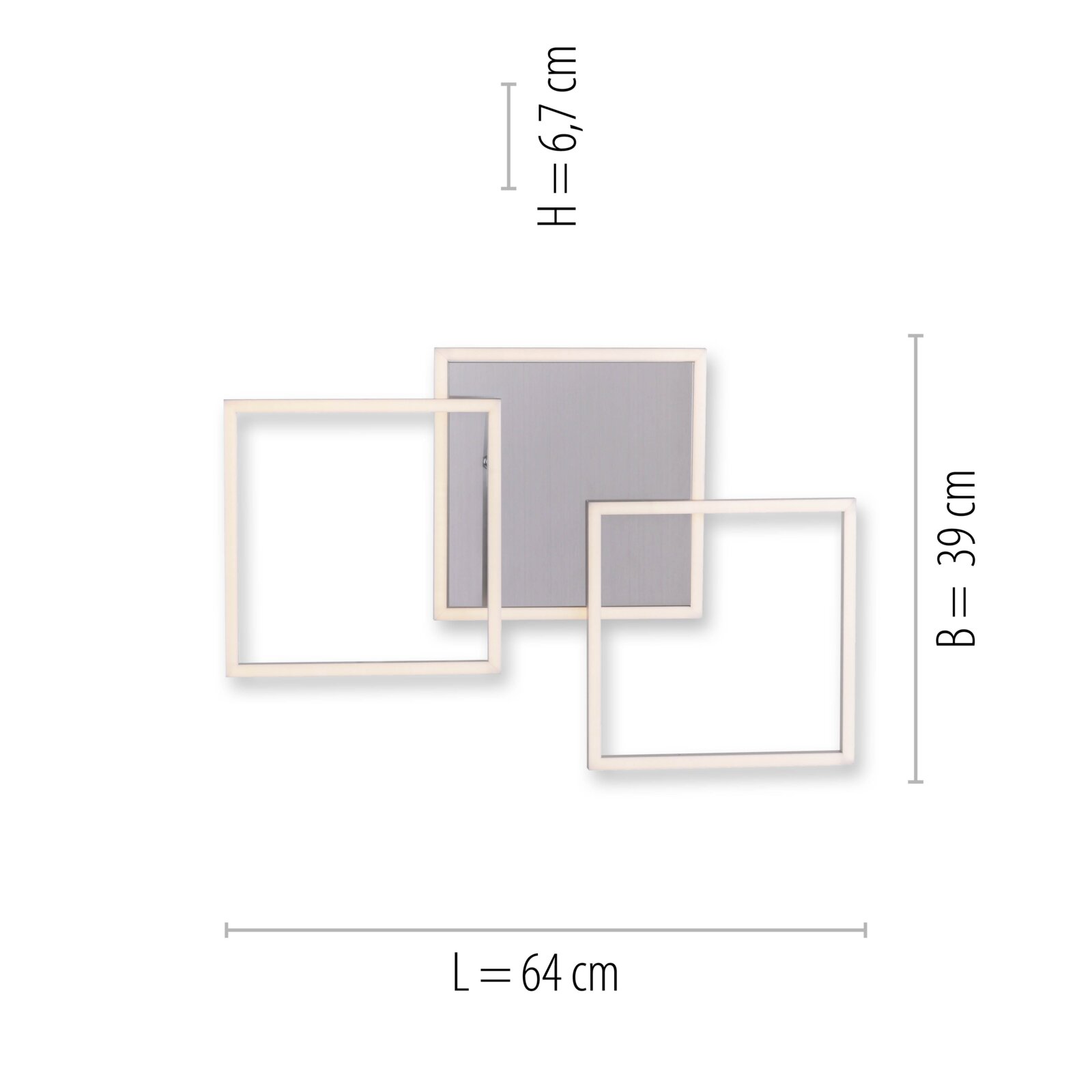 Moderne quadratische LED-Deckenleuchte in Weiß mit drei überlappenden Rahmen, Frontansicht; Maße: Länge 64 cm, Breite 39 cm, Höhe 6,7 cm.