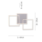 Moderne quadratische LED-Deckenleuchte in Weiß mit drei überlappenden Rahmen, Frontansicht; Maße: Länge 64 cm, Breite 39 cm, Höhe 6,7 cm.