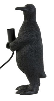 Seitenansicht einer Tischleuchte in Form eines Pinguins, der eine Lampenfassung hält.