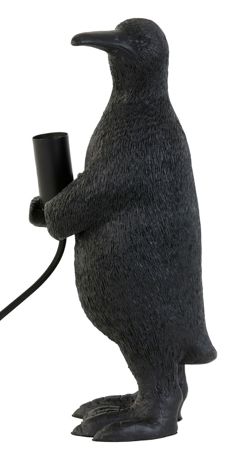 Seitenansicht einer Tischleuchte in Form eines Pinguins, der eine Lampenfassung hält.