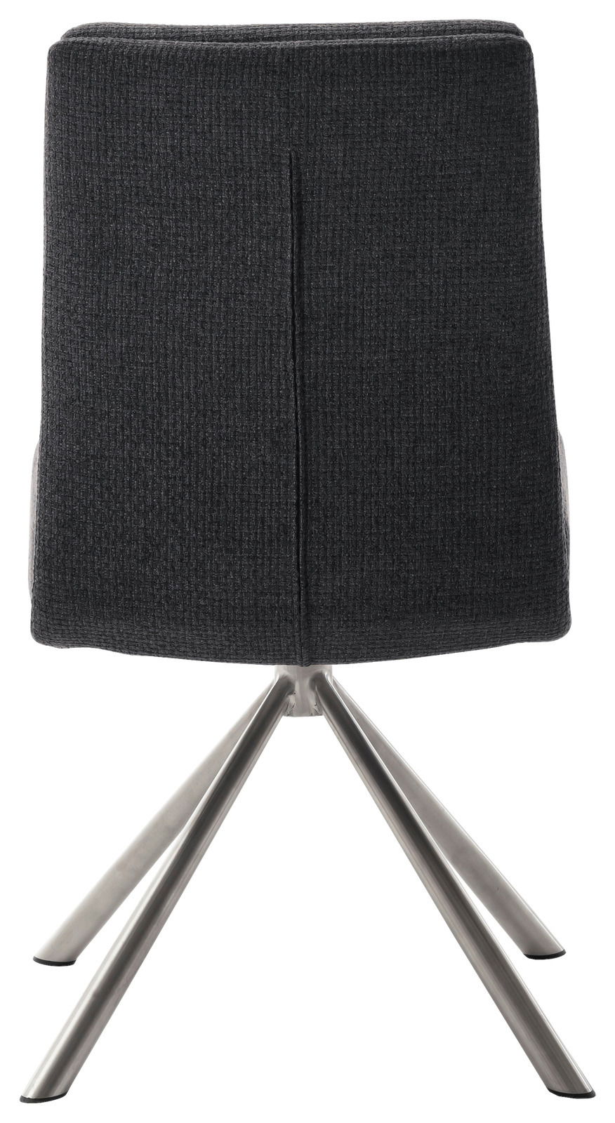 Rückansicht eines modernen Stuhls mit dunklem Stoffbezug und Metallbeinen.