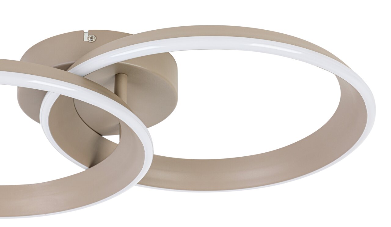 Moderne LED-plafondlamp in beige met twee in elkaar verstrengelde ringen, zijaanzicht