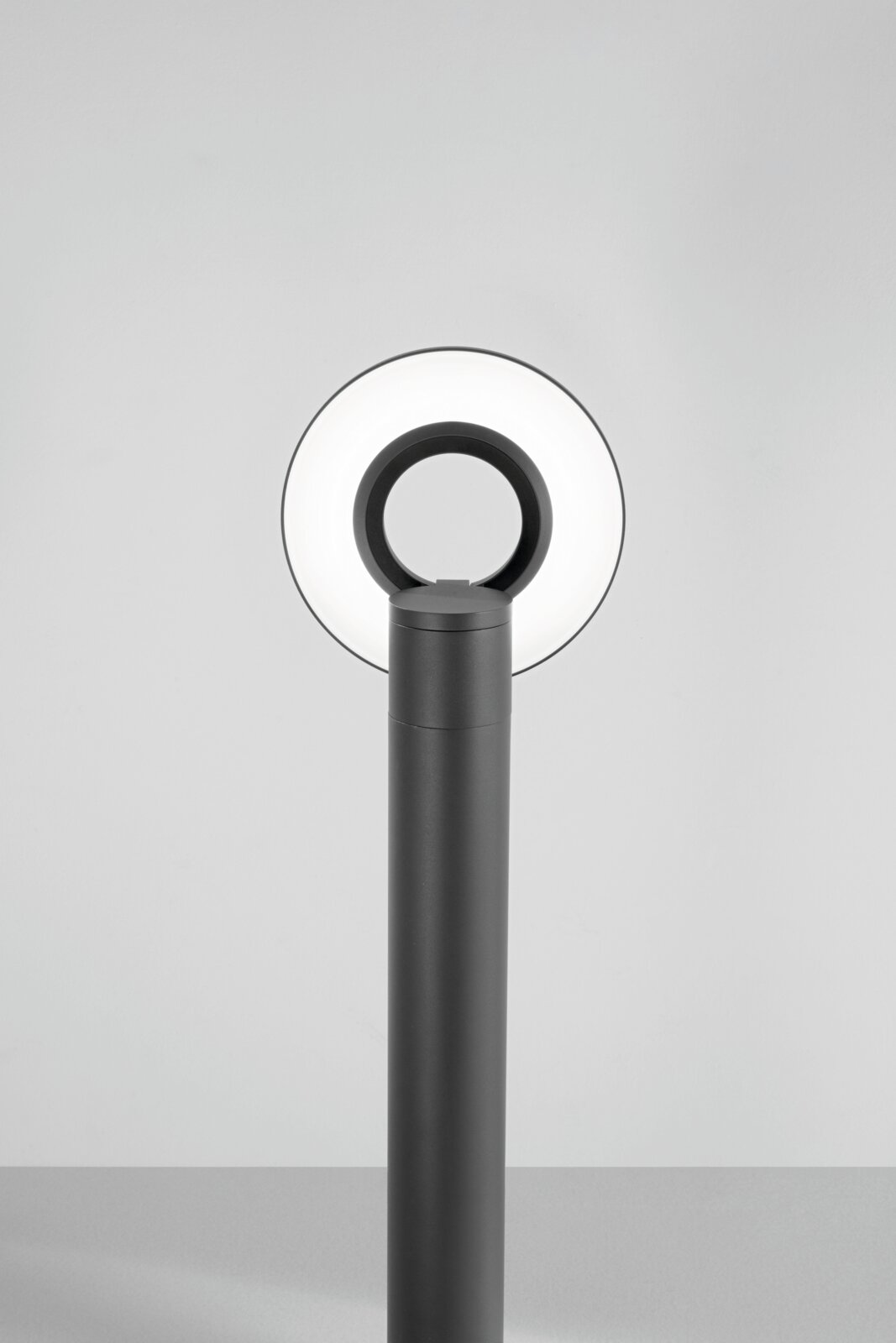 Moderne LED-paallamp met ringvormige lichtkap, gezien van voren.