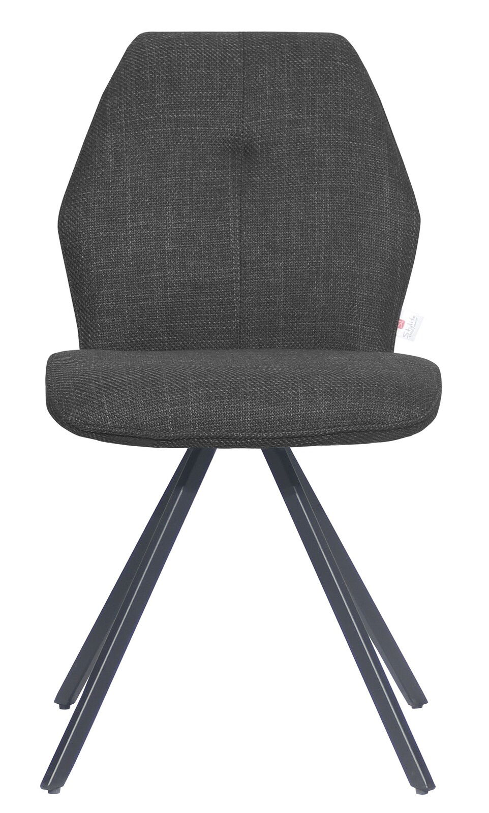 Moderner grauer Stuhl mit gepolsterter Sitzfläche und Rückenlehne, Metallbeine, Frontalansicht