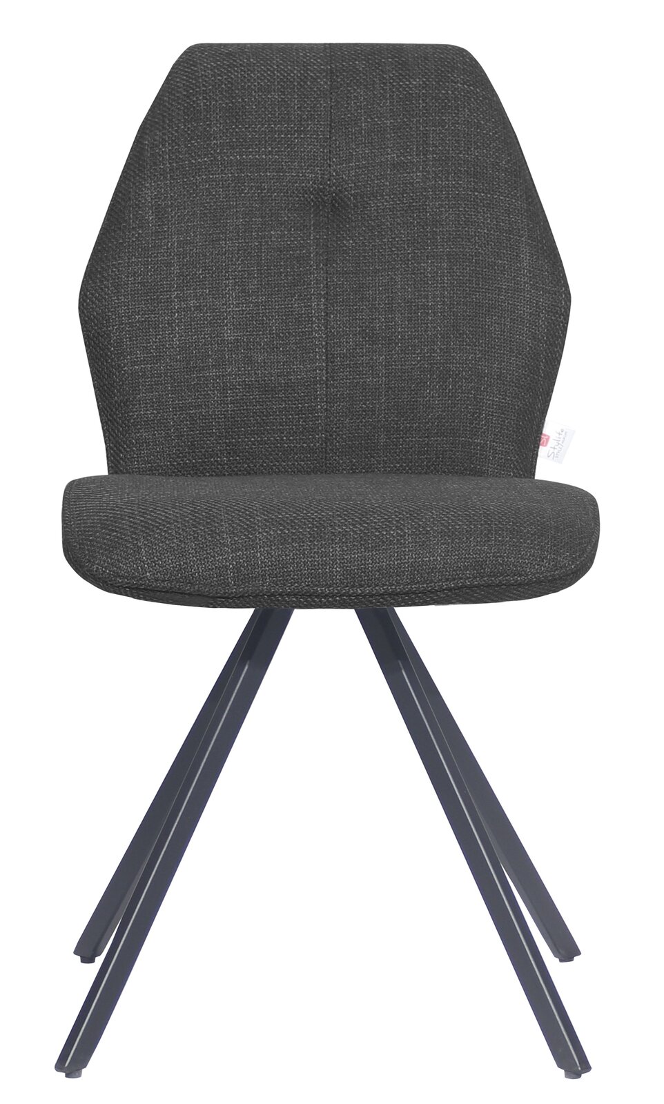 Moderner grauer Stuhl mit gepolsterter Sitzfläche und Rückenlehne, Metallbeine, Frontalansicht