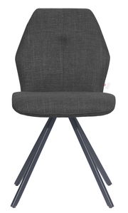 Moderner grauer Stuhl mit gepolsterter Sitzfläche und Rückenlehne, Metallbeine, Frontalansicht
