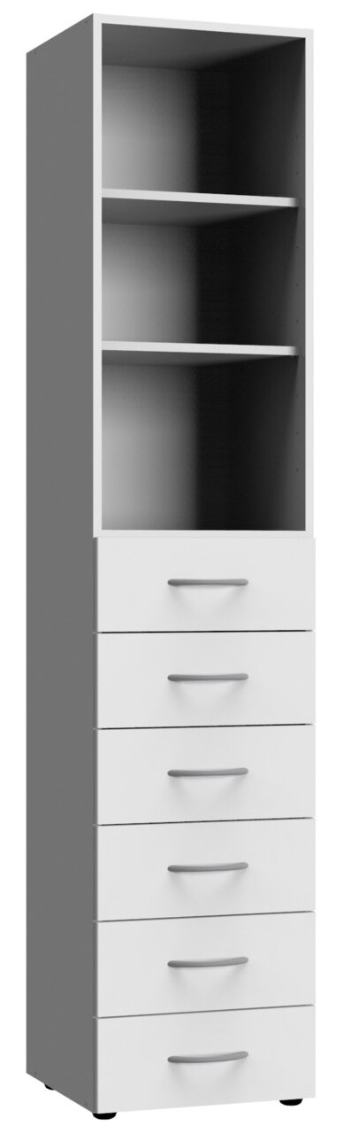 Multifunctionele kast met twee open legplanken en zes lades, vooraanzicht