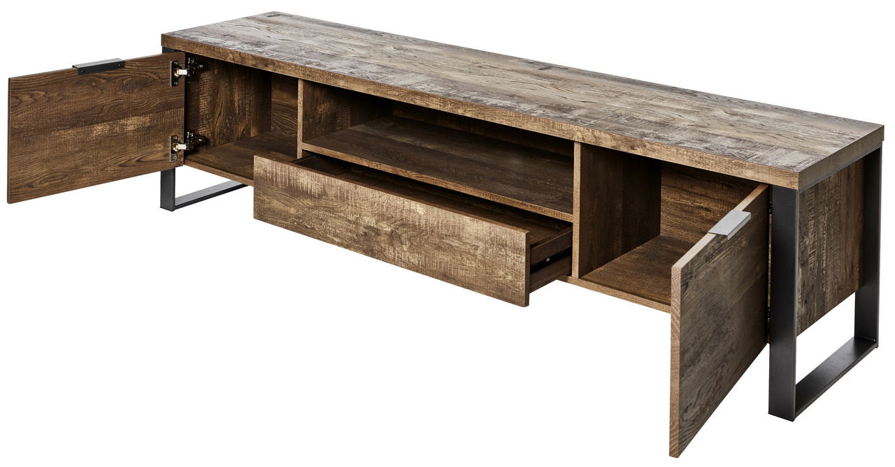 TV-Möbel aus Holz mit offenen Türen und Schubladen, seitliche Perspektive
