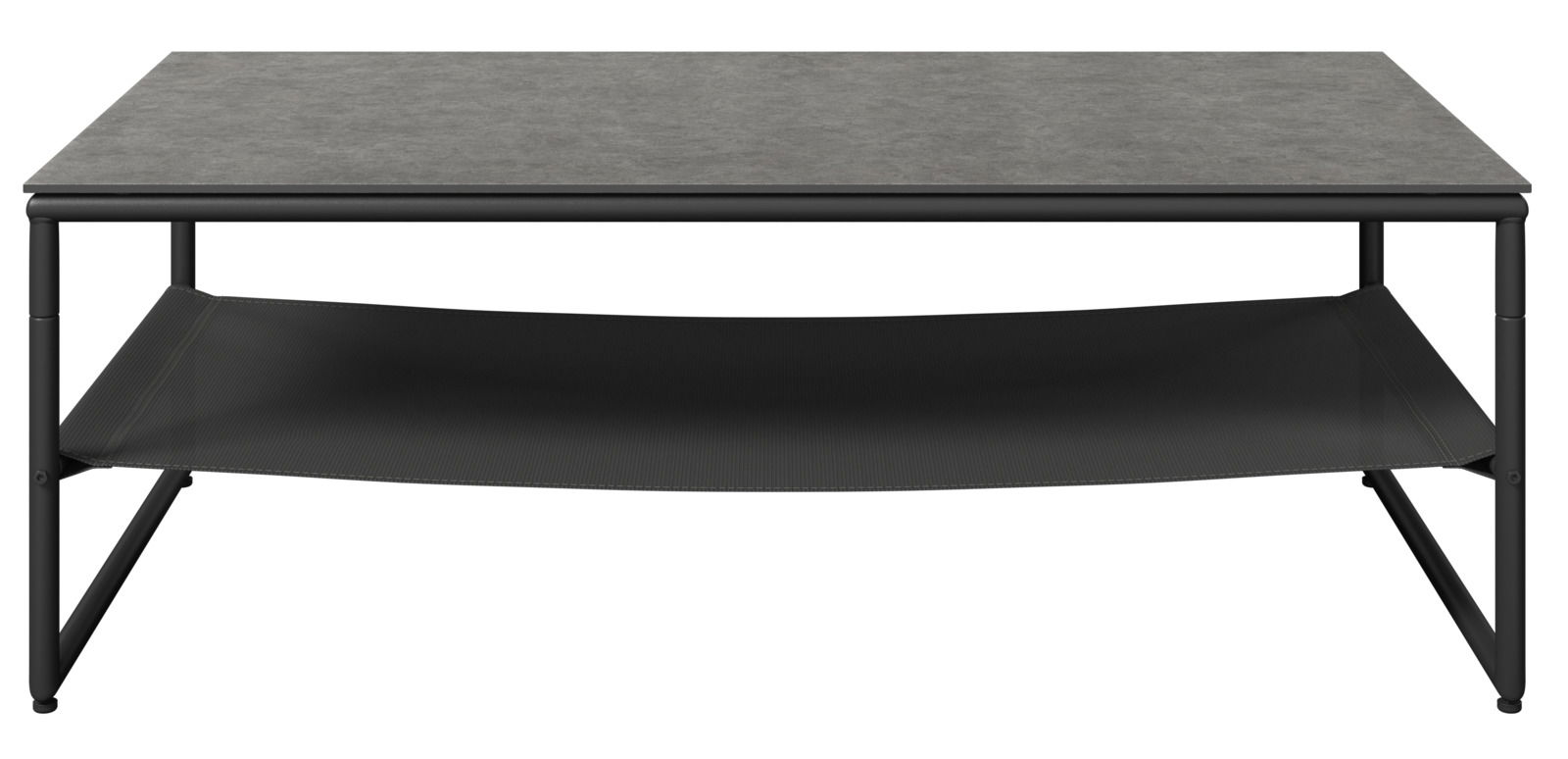 Moderner Gartentisch mit grauer Tischplatte und schwarzem Gestell, frontal betrachtet.