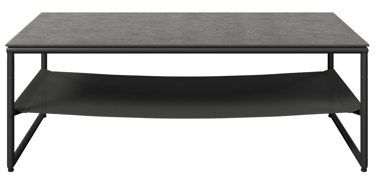 Moderner Gartentisch mit grauer Tischplatte und schwarzem Gestell, frontal betrachtet.