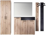 Garderoben-Set in Holzoptik mit schwarzem Akzent, bestehend aus einem hohen Schrank, einem Spiegel, einem Sideboard und zwei Paneelen mit Haken, frontal betrachtet.