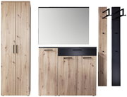 Garderoben-Set in Holzoptik mit schwarzem Akzent, bestehend aus einem hohen Schrank, einem Spiegel, einem Sideboard und zwei Paneelen mit Haken, frontal betrachtet.