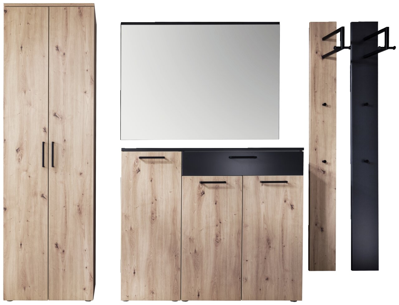 Garderoben-Set in Holzoptik mit schwarzem Akzent, bestehend aus einem hohen Schrank, einem Spiegel, einem Sideboard und zwei Paneelen mit Haken, frontal betrachtet.