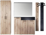 Garderoben-Set in Holzoptik mit schwarzem Akzent, bestehend aus einem hohen Schrank, einem Spiegel, einem Sideboard und zwei Paneelen mit Haken, frontal betrachtet.