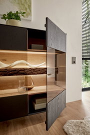 Geöffnetes Highboard mit dunkler Holzfront, dekorativen Elementen und Pflanzen, seitliche Perspektive