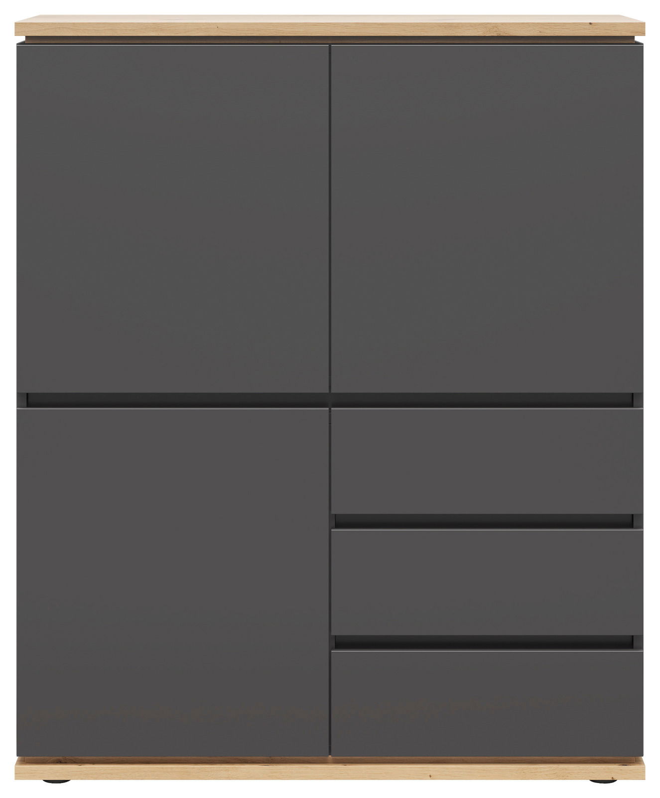 Modernes Highboard in dunklem Grau mit Holzdetails, frontale Ansicht