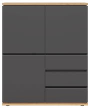 Modernes Highboard in dunklem Grau mit Holzdetails, frontale Ansicht