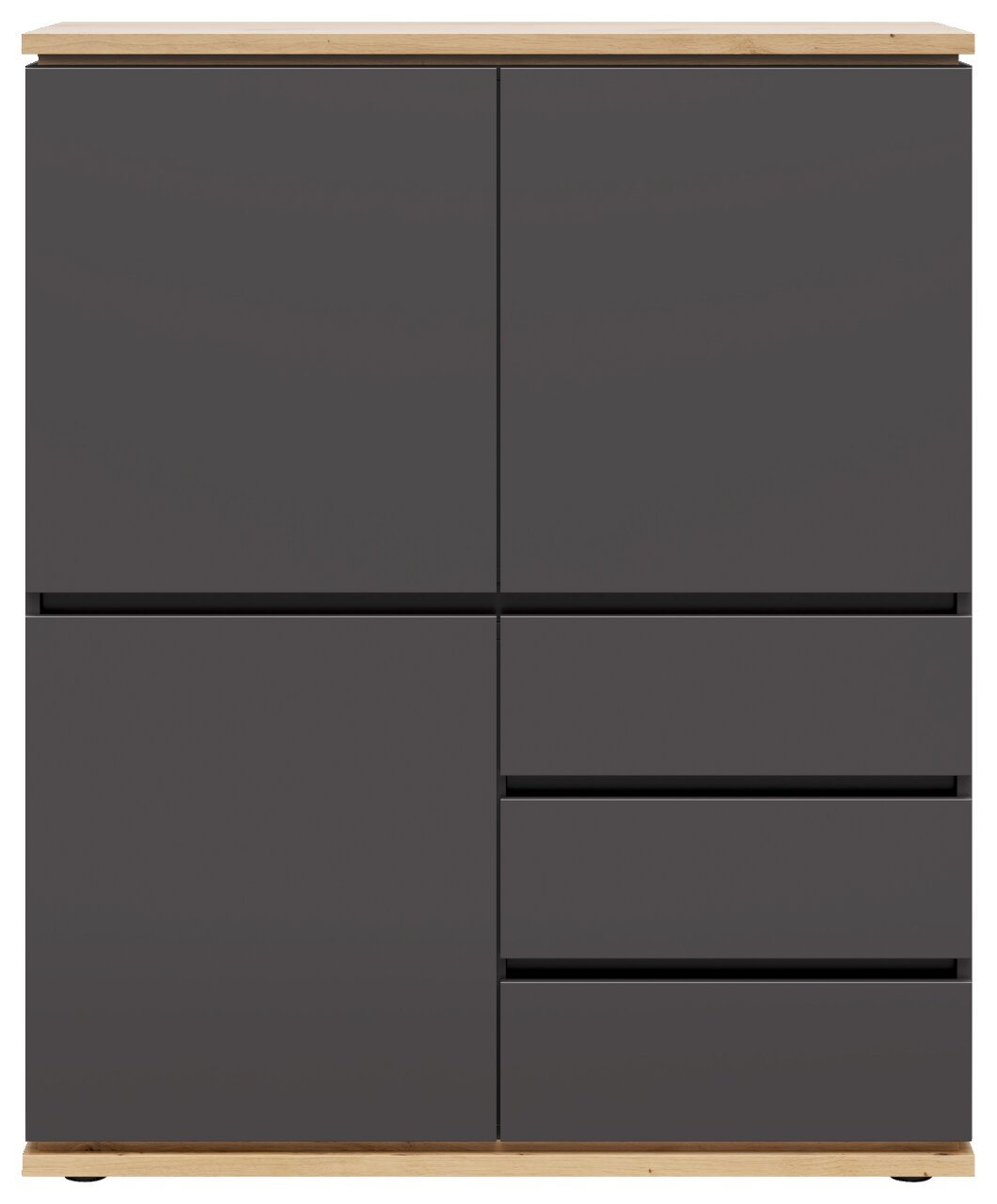 Modernes Highboard in dunklem Grau mit Holzdetails, frontale Ansicht