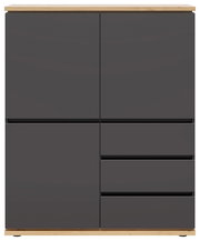 Modernes Highboard in dunklem Grau mit Holzdetails, frontale Ansicht