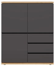 Modernes Highboard in dunklem Grau mit Holzdetails, frontale Ansicht