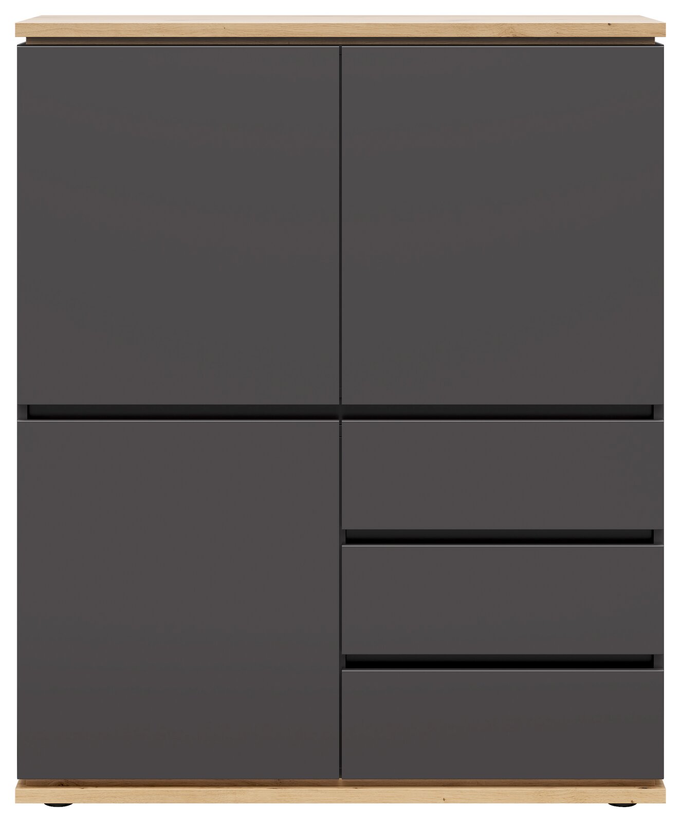 Modernes Highboard in dunklem Grau mit Holzdetails, frontale Ansicht