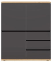 Modernes Highboard in dunklem Grau mit Holzdetails, frontale Ansicht