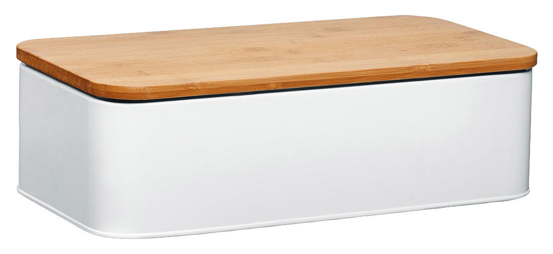 Moderner Brotkasten mit weißem Korpus und Holzdeckel, seitliche Perspektive