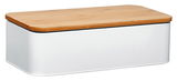 Moderner Brotkasten mit weißem Korpus und Holzdeckel, seitliche Perspektive